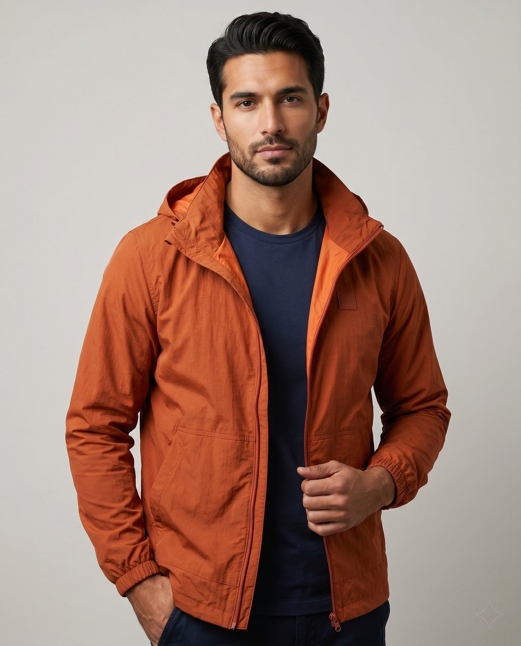 Men’s Burnt Orange Lightweight Hooded Windbreaker Jacket