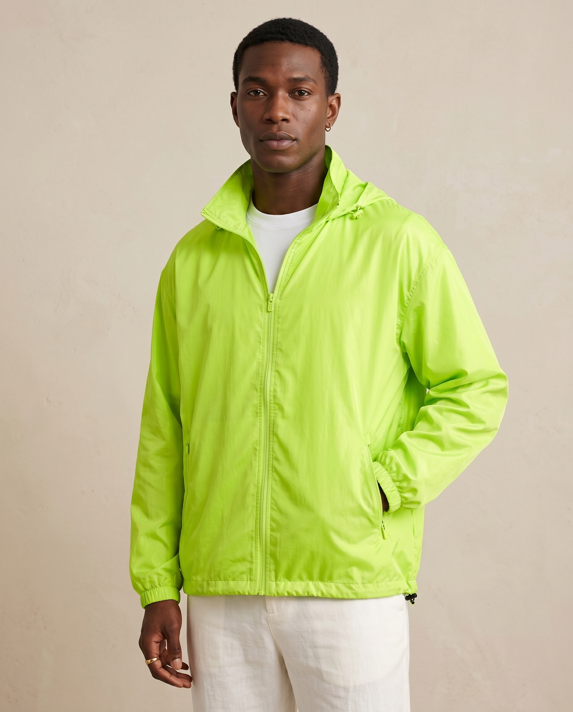 Men’s Neon Lime Lightweight Hooded Windbreaker Jacket